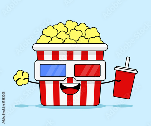 Popcorn box watching movie with glasses, holding cup with straw and popcorn