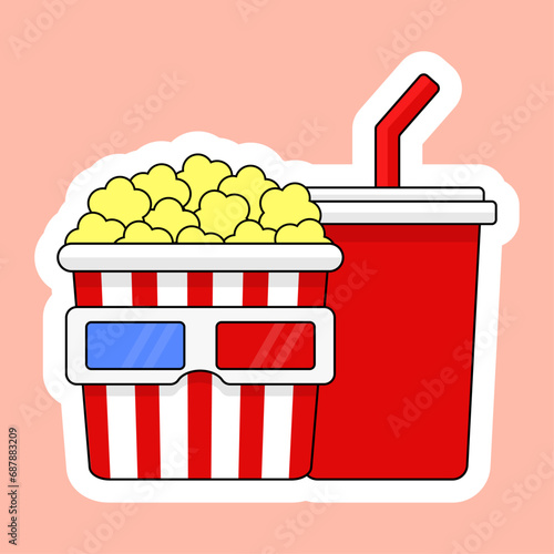 A box of popcorn and a cup with a straw and glasses for watching a movie