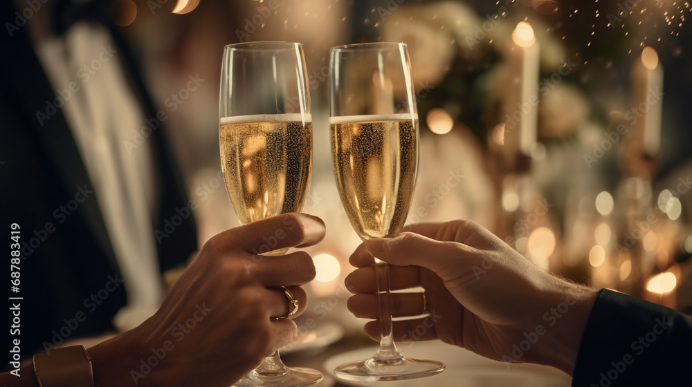 New Year's Eve party scene with focus on champagne glasses toast, Featuring people in celebration and vibrant party atmosphere, AI Generated
