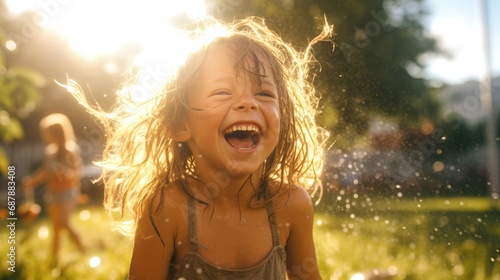 happy laughing girl playing water in summer