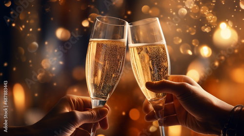New Year s Eve party scene with focus on champagne glasses toast  Featuring people in celebration and vibrant party atmosphere  AI Generated
