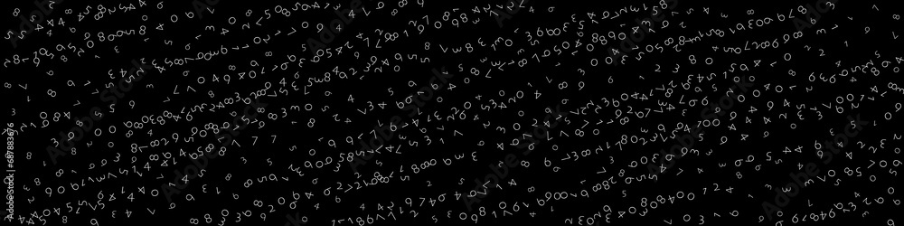 Falling numbers, big data concept. Binary white disorderly flying digits. Extraordinary futuristic banner on black background. Digital illustration with falling numbers. Falling numbers, big data concept. Binary white disorderly flying digits. Extraordinary futuristic banner on black background. Digital illustration with falling numbers.