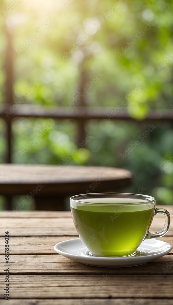 empty wooden table with cup of green tea behind blurred natural background