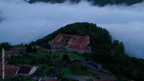 Wallpaper Mural Aerial View Of Foggy Sil Canyon And Santo Estevo Monsatery, Luintra, Spain Torontodigital.ca