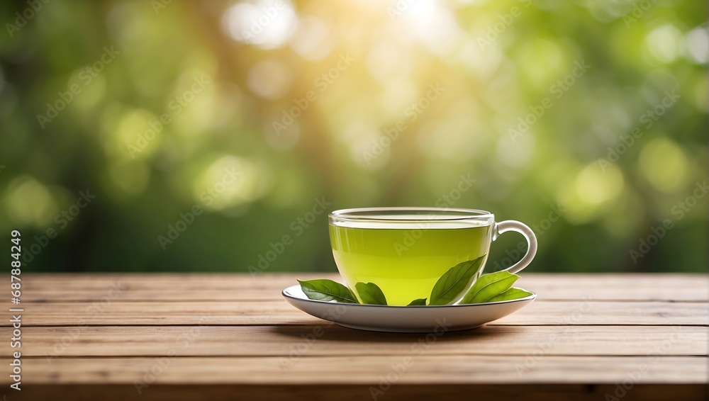 empty wooden table with cup of green tea behind blurred natural background