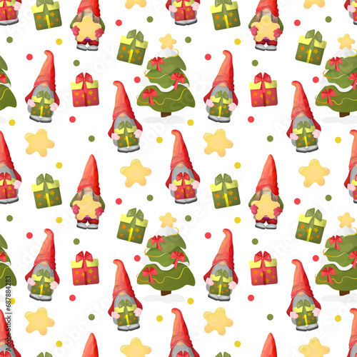 New Year seamless template with cute gnomes and festive Christmas trees. Vector repeating pattern for wrapping paper, fabric, clothing, textiles, surface textures, scrapbooking.