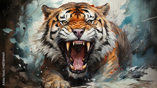 Watercolor illustration of a tiger with its mouth open photo