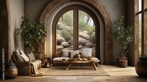 Luxurious living room with arched windows