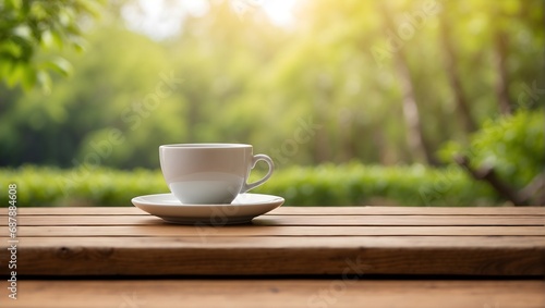 empty wooden table with cup of green tea behind blurred natural background