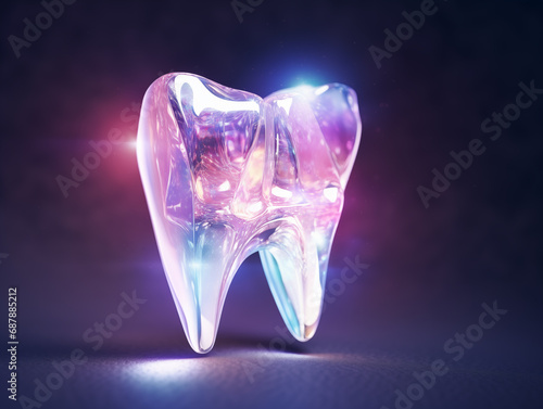 Futuristic shiny tooth. Concept of new technologies in dental treatment. Generative AI.