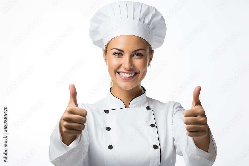 cooking, gesture and food concept - smiling female chef, cook or baker showing thumbs up cooking, gesture and food concept - smiling female chef, cook or baker showing thumbs up