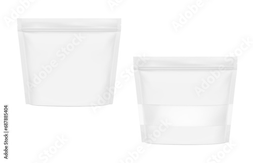 Realistic stand up pouch bag mockups. Vector illustration isolated on white background. Ready for your design. It can be used in the adv, promo, package, etc. EPS10.