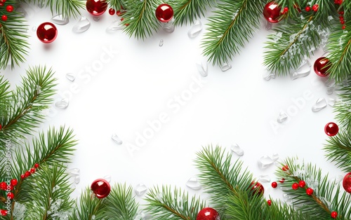 Flat lay composition with Christmas decoration and blank card on white wooden table. Top view Christmas Festive Mockup.