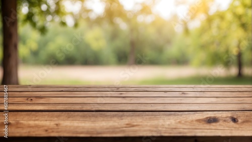 empty wooden table behind blurred natural background