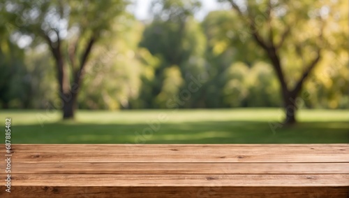 empty wooden table behind blurred natural background
