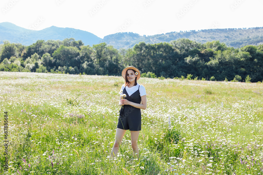 Walk Journey Woman in Field in Flowers in Nature