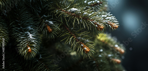 Christmas tree background close-up with tree branches and snow. Merry Xmas card with lights and bokeh. Happy New Year. Generative Ai