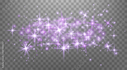 Purple magic sparks and dust stars. Purple glow flare light effect. Christmas light effect. Vector particles on transparent background.