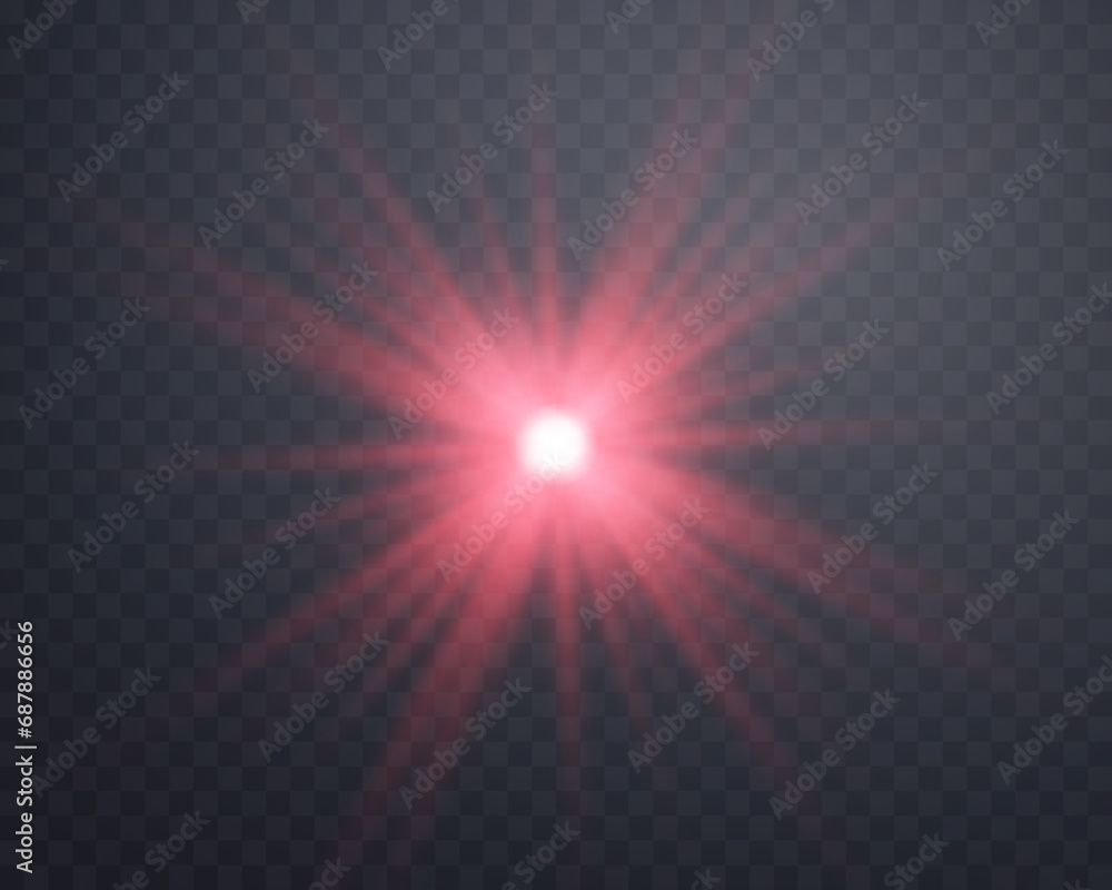 Red sunlight lens flare, sun flash with rays and spotlight. Glowing burst explosion on a transparent background. Vector illustration.