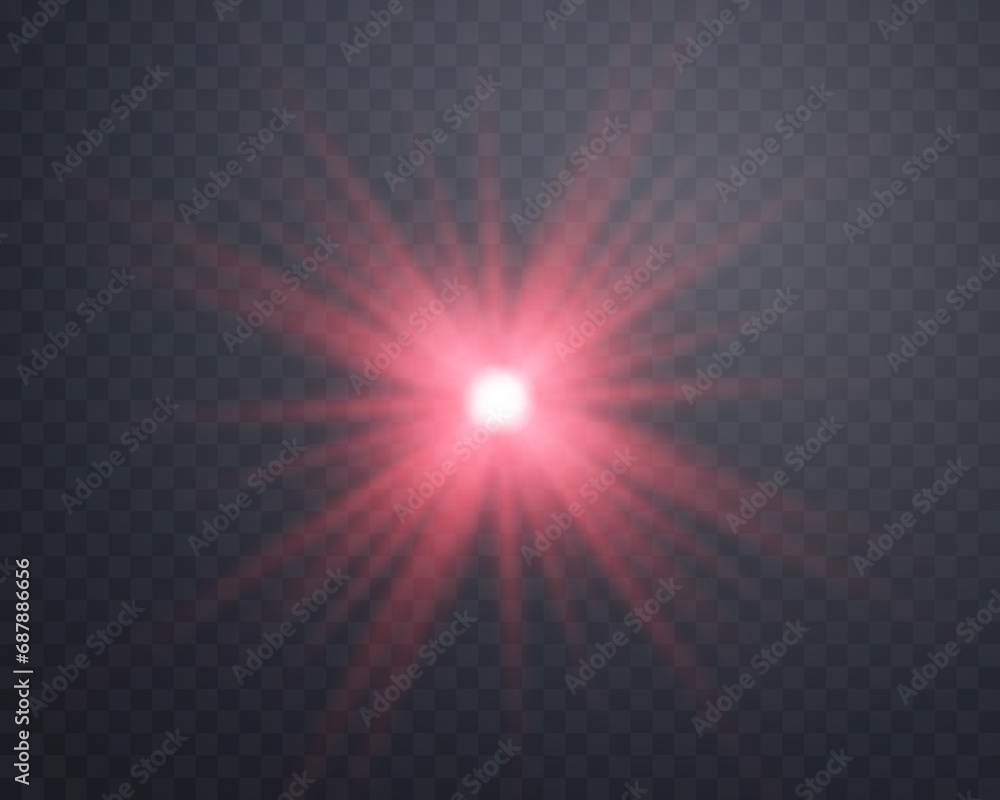 Red sunlight lens flare, sun flash with rays and spotlight. Glowing burst explosion on a transparent background. Vector illustration. Red sunlight lens flare, sun flash with rays and spotlight. Glowing burst explosion on a transparent background. Vector illustration.