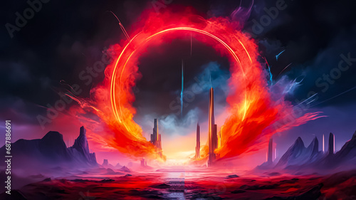 A cosmic landscape with a neon circle and smoke. Multicolored paints. Dark background. Fantasy. AI 