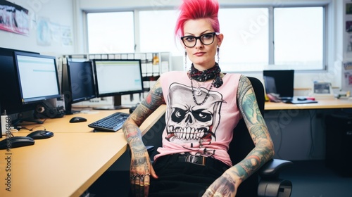 Vibrant Punk Worker, Office Environment, Individualistic Style