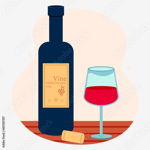 Cartoon open bottle of wine with glass of red wine on table vector illustration