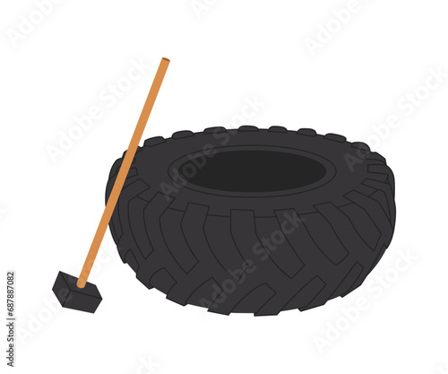 Tire and sledgehammer vector illustration. Crossfit objects set. Gym equipment flat design. Collection on sport theme. Ideal for web design, stickers, sport guide and tutorials