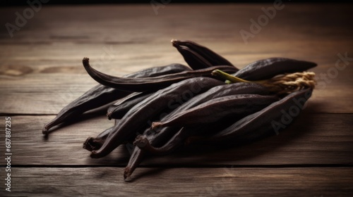 Bunch of vanilla pods on wooden table.