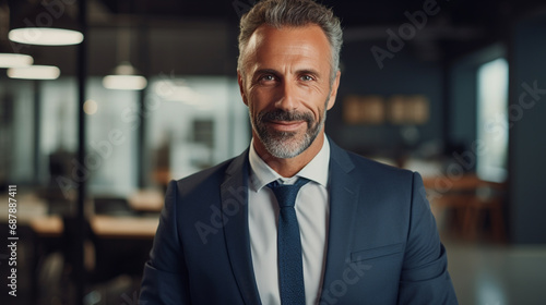 Portrait of happy mid-aged businessman smiling and reflecting wisdom and professionalism, AI Generated