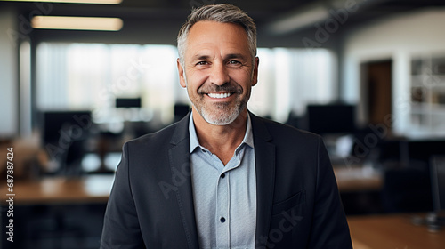Portrait of happy mid-aged businessman smiling and reflecting wisdom and professionalism, AI Generated