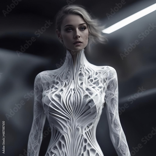 Girl in a white fractal dress.