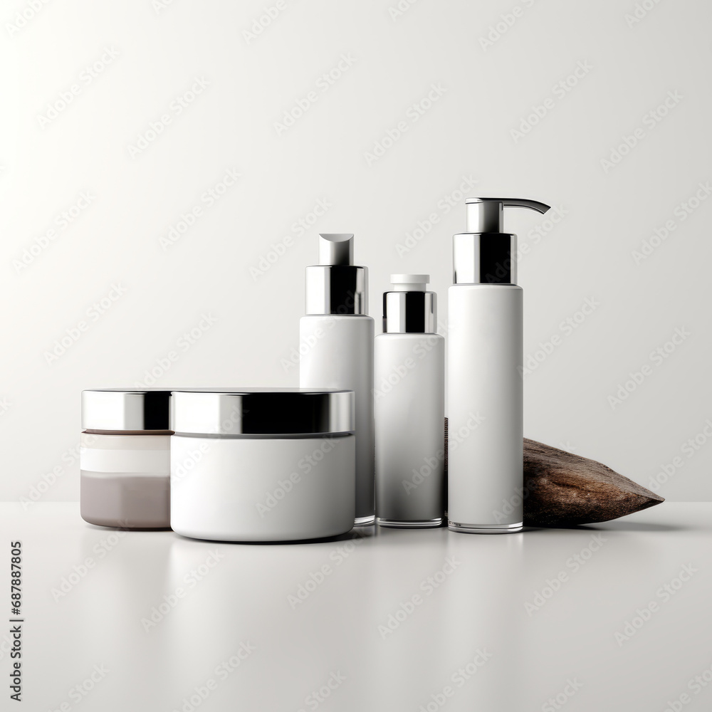 Blank cosmetic packaging mockup, tubes, bottle and face serum Cosmetics products mockup on white background Blank cosmetic packaging mockup, tubes, bottle and face serum Cosmetics products mockup on white background
