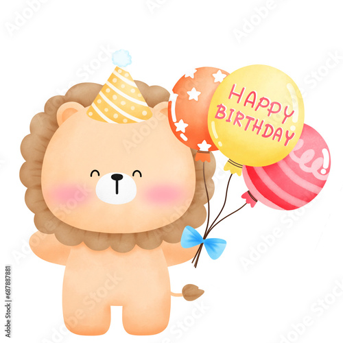 Lion wearing a party hat and holding balloons