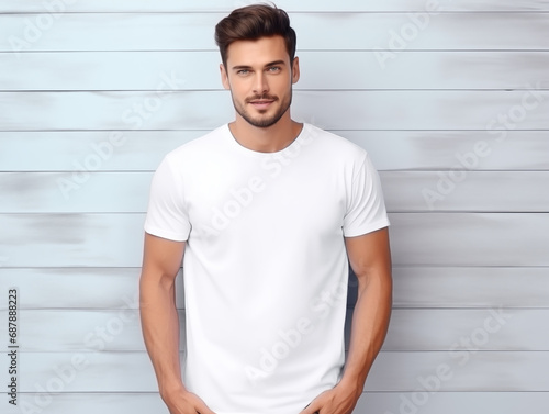 Attractive men wearing white t-shirts standing in front of wooden wall for mockup.