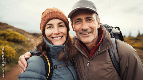 Middle age couple hiking together, nordic walking. 