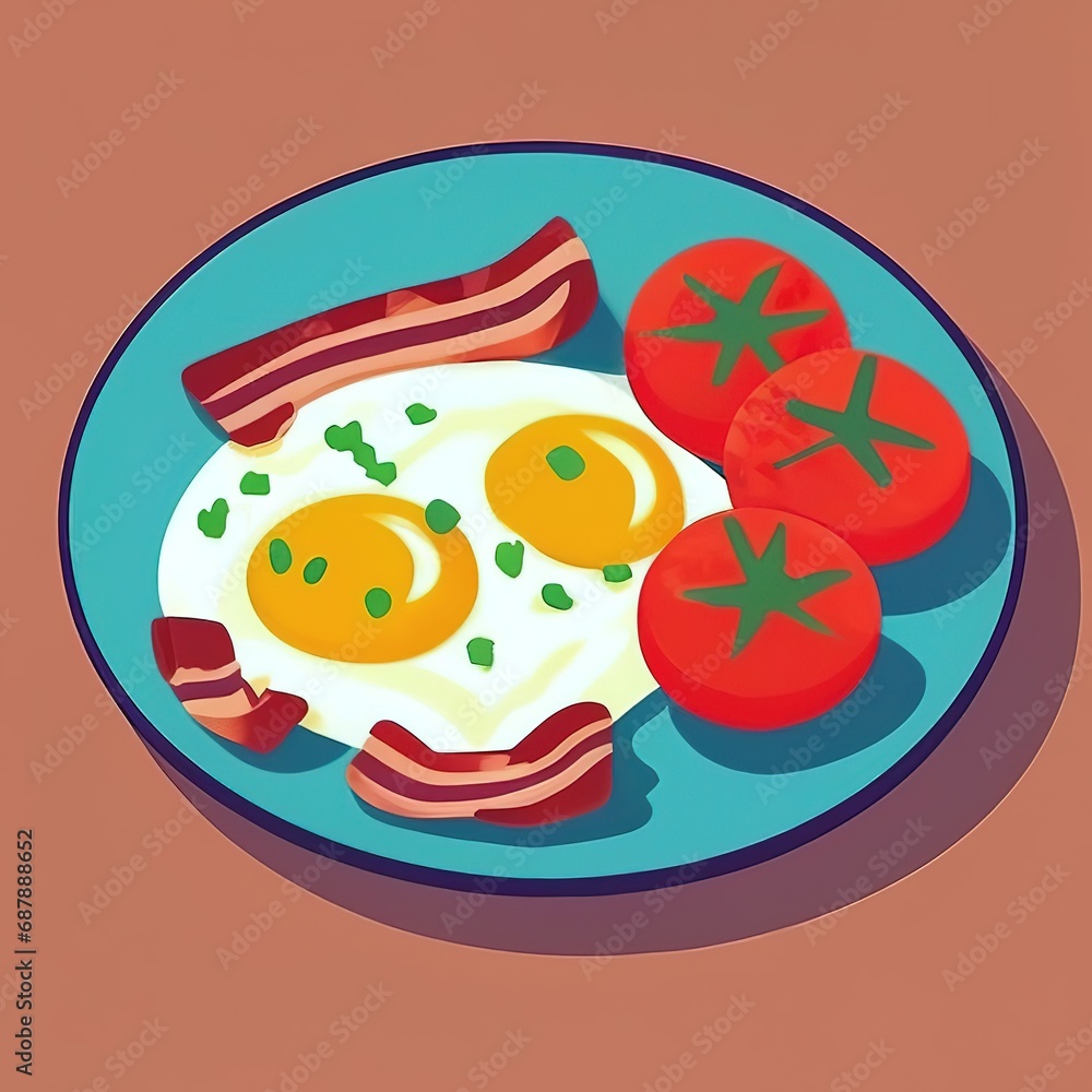 scrambled eggs with bacon and tomatoes on a plate. illustration in simple flat style.