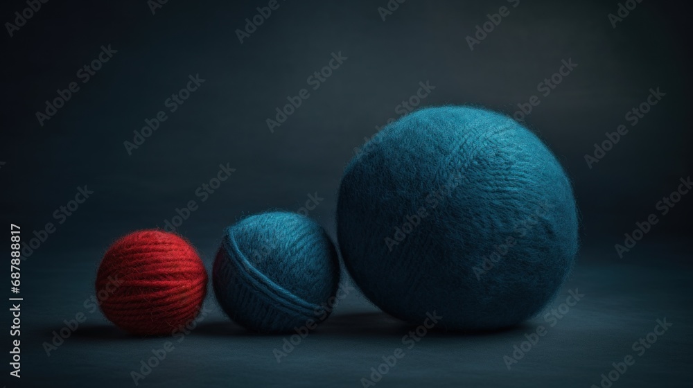 Fotografie Large blue woolen balls with one small red one.