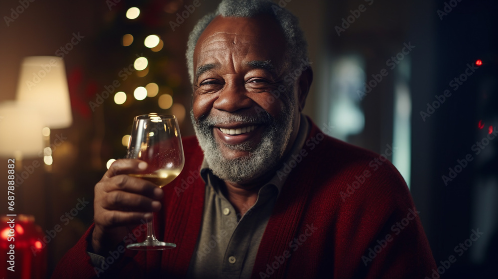 Elderly person with glass of wine. 