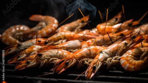 King tiger prawn shrimp with chop sticks by bbq fire, macro close up, copy space.