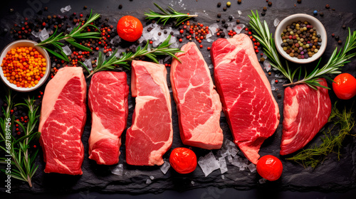 Variety of raw meat steaks for grilling with seasoning on dark stone background. Raw meat top view.