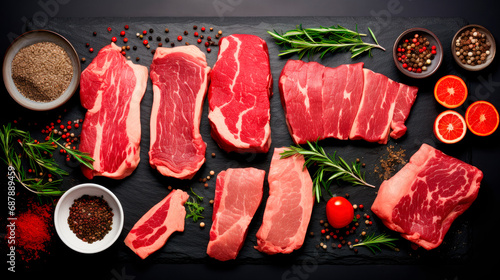 Variety of raw meat steaks for grilling with seasoning on dark stone background.