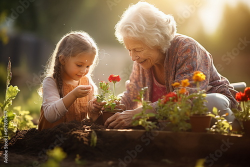 grandmother and granddaughter plant flower in the garden