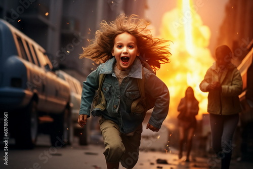 child girl run away from bomb attack photo