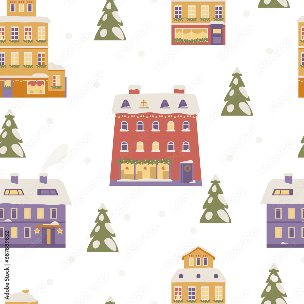 Christmas seamless vector pattern with snowy houses.