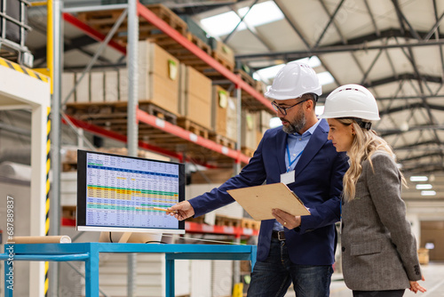 Female engineer and male project manager standing in modern industrial factory, talking about production. Team management in manufacturing facility