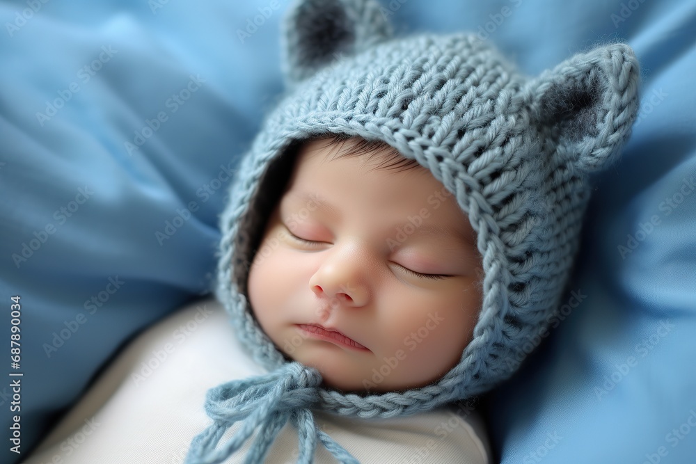 newborn baby with a blue knitted hat. newborn baby with a blue knitted hat.