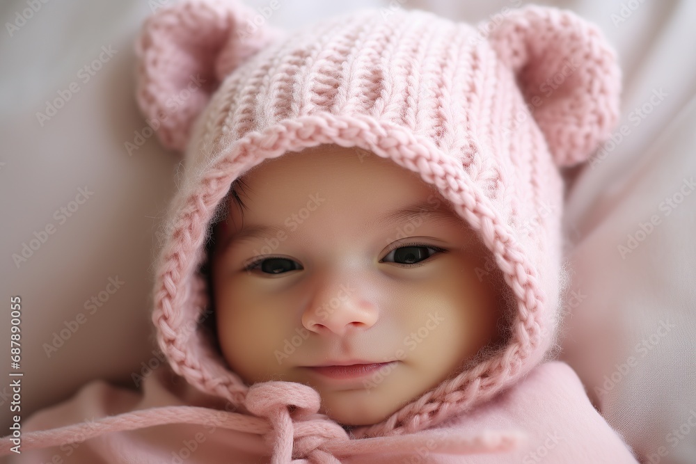 newborn baby with a pink knitted hat. newborn baby with a pink knitted hat.