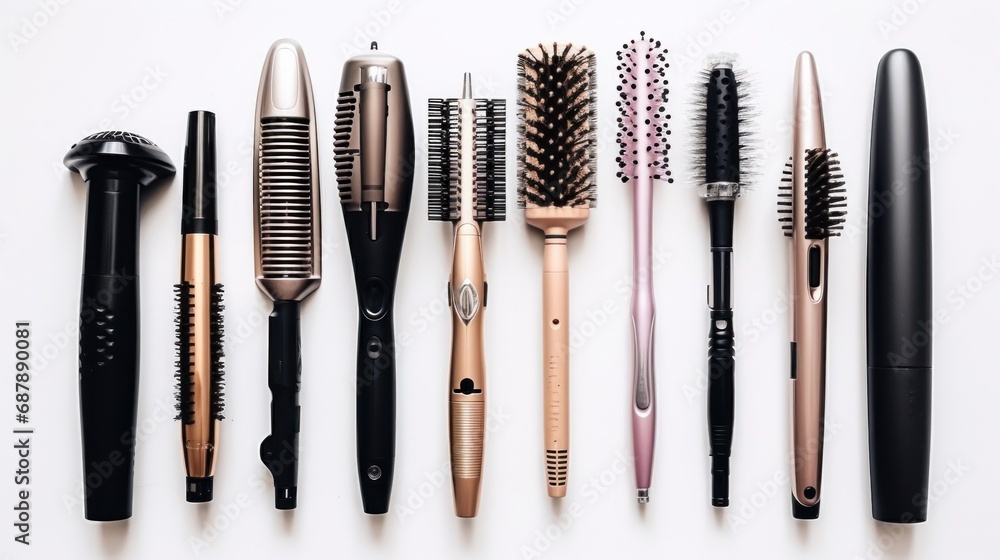 Various hair styling devices on white background, top view.
Various hair styling devices on white background, top view.