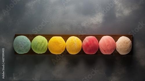The colorful mochi Japanese rice dessert, top view flat lay arrangement copy space photo